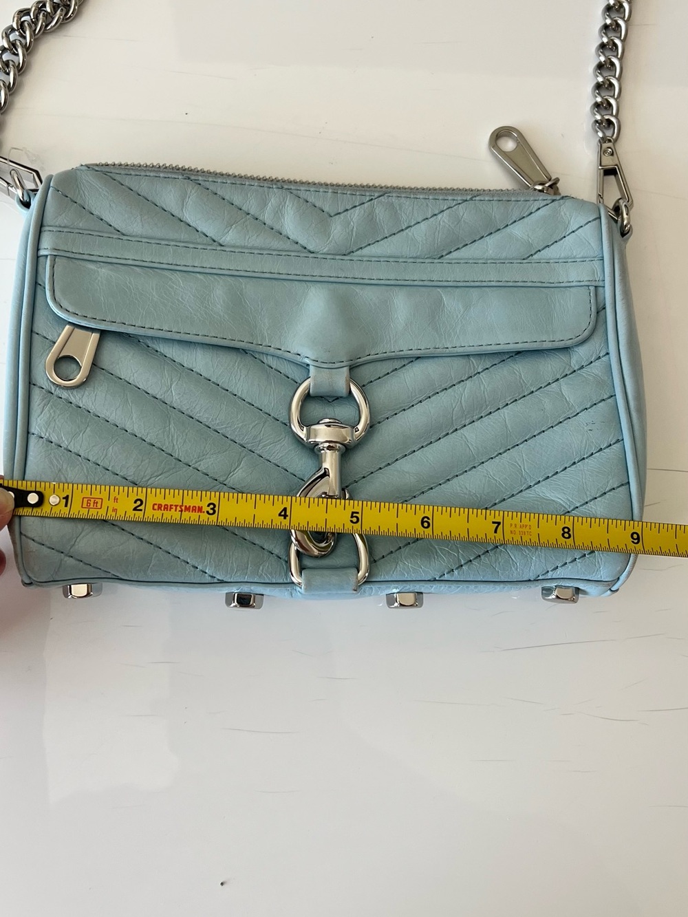 Rebecca Minkoff Light Blue Quilted Leather Mini Mac Crossbody with Silver Chain - Picture 6 of 13